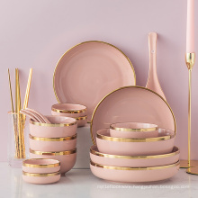 22 PCS Gold  luxury tableware set Gold Edges Plate Dinnerware Kitchen tableware dinnerware sets Plate Pink Ceramic Tableware